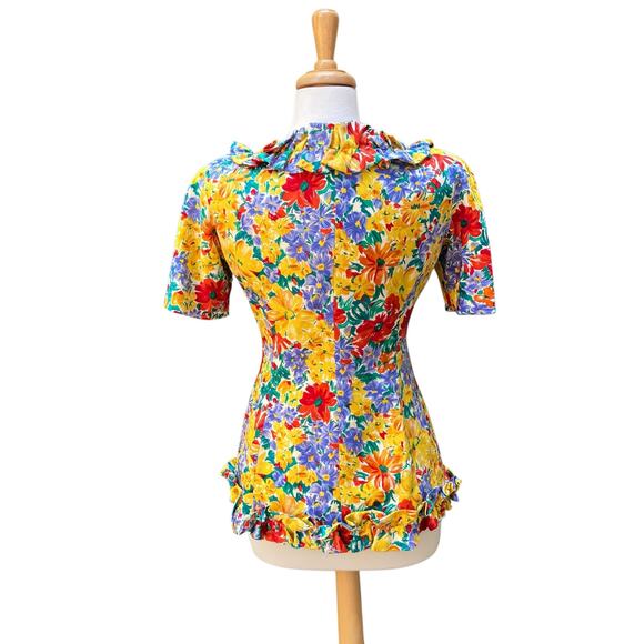 VTG Oscar de la Renta Studio Silk Blouse Top Jacket Small Floral Button Ruffles - Picture 6 of 14